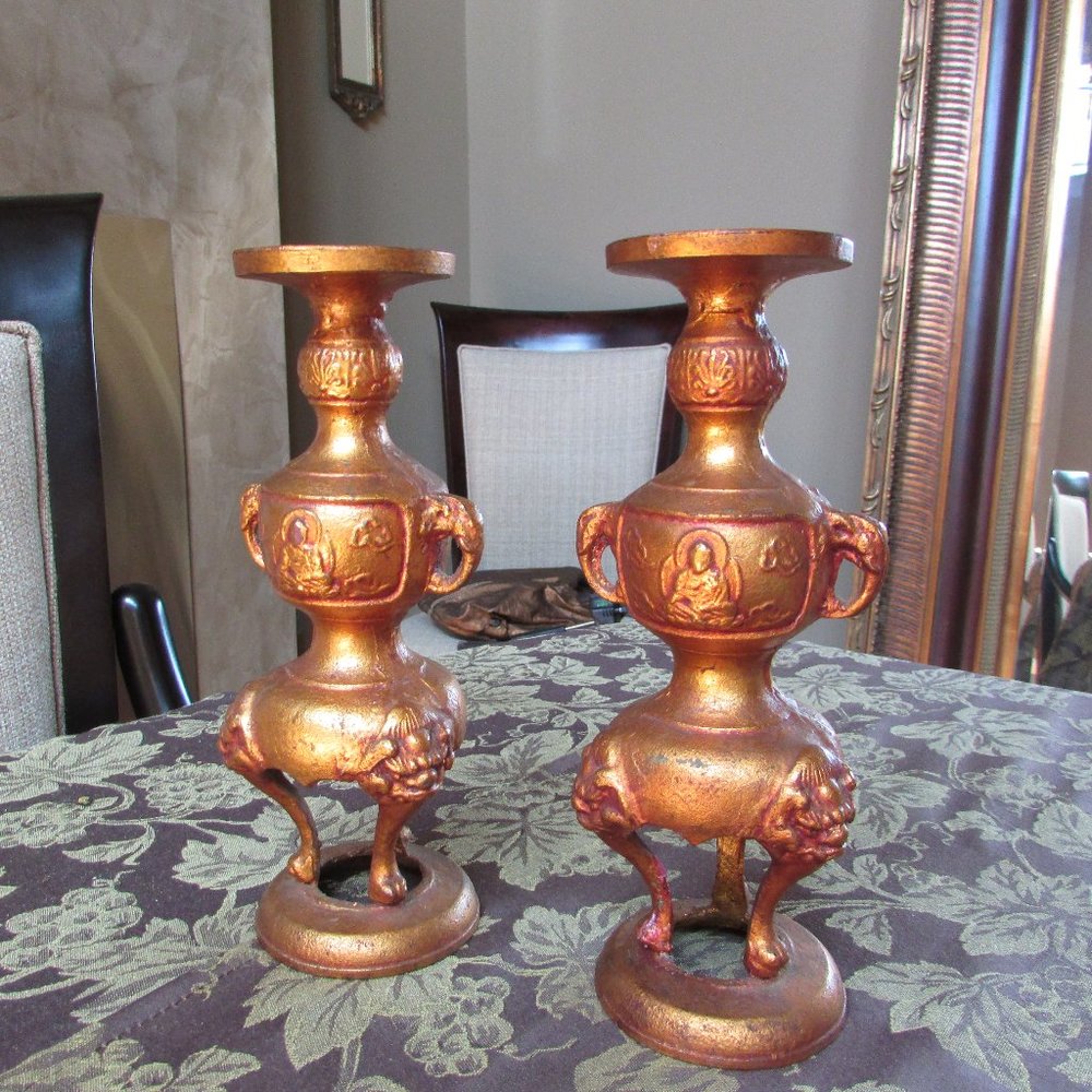 Cast Iron Candle Sticks Gilded Brass